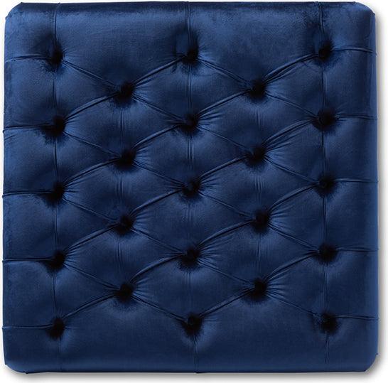 Wholesale Interiors Ottomans & Stools - Keswick Transitional Blue Velvet Fabric Upholstered Button Tufted Cocktail Ottoman