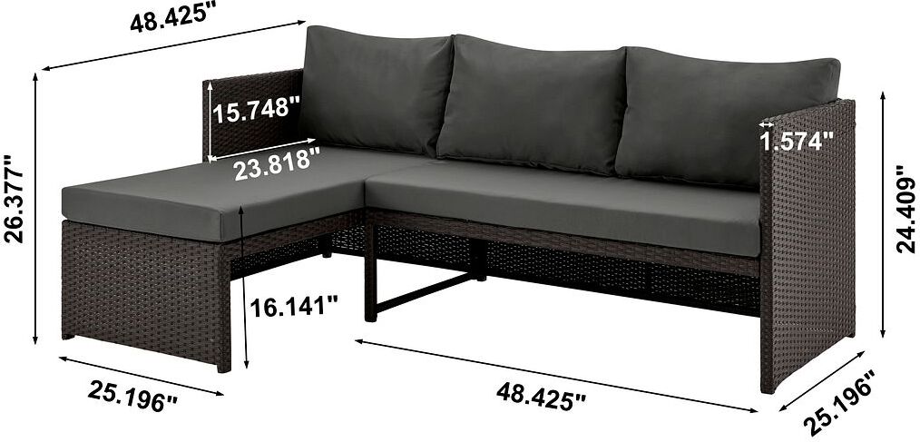 Manhattan Comfort Outdoor Conversation Sets - Menton Patio 2-Seater and Lounge Chair with Coffee Table with Grey Cushions