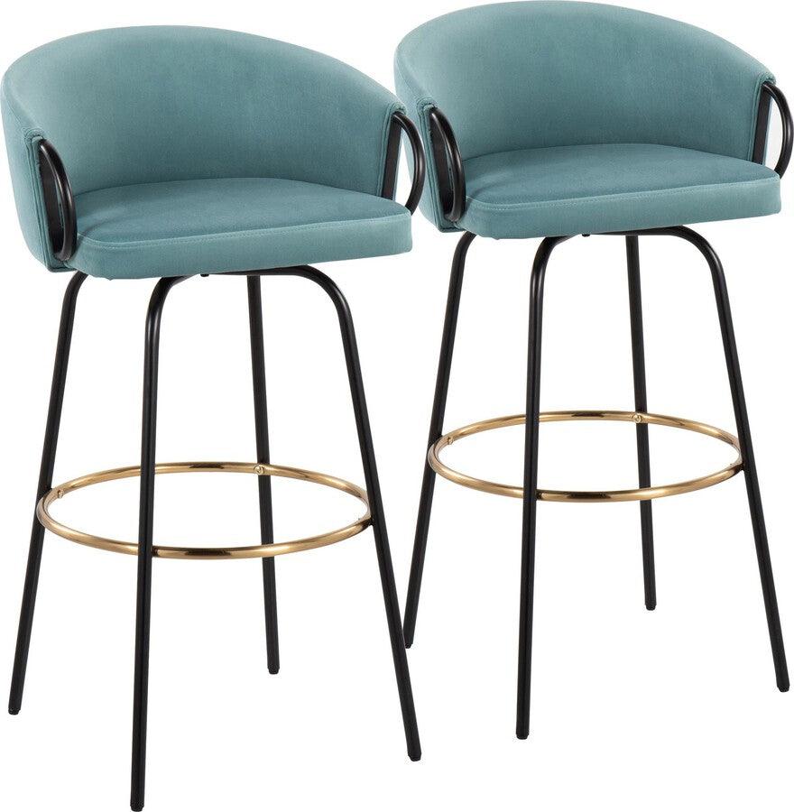 Lumisource Barstools - Claire /Glam Barstool In Black Metal & Light Blue Velvet With Gold Metal Footrest (Set of 2)