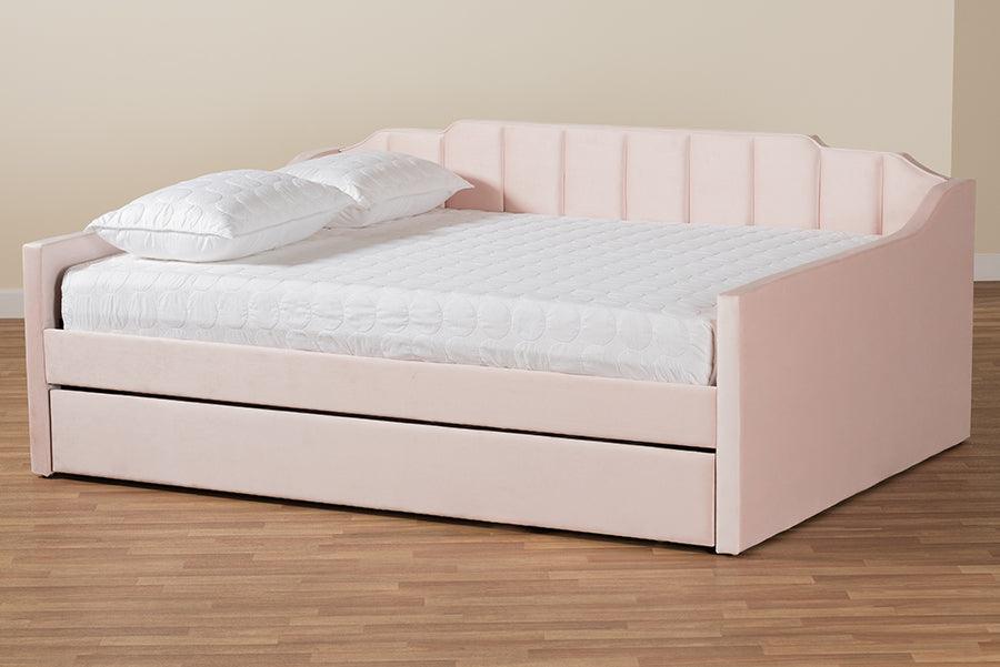 Wholesale Interiors Daybeds - Lennon Pink Velvet Fabric Upholstered Queen Size Daybed with Trundle