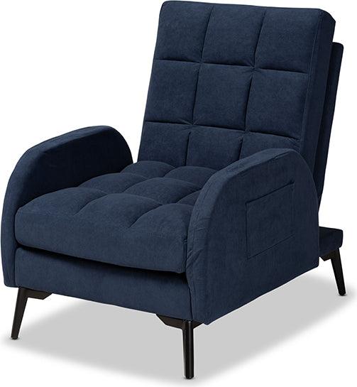 Wholesale Interiors Living Room Sets - Belden Modern Blue Velvet and Black Metal 2-Piece Recliner Chair and Ottoman Set