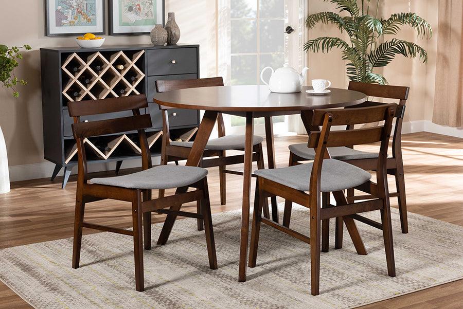 Wholesale Interiors Dining Sets - Eiko Light Grey Fabric Upholstered and Walnut Brown Finished Wood 5-Piece Dining Set