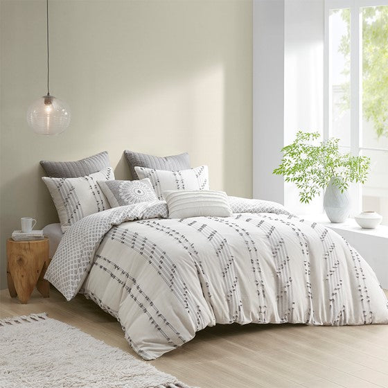 Olliix.com Duvet & Duvet Sets - 3 Piece Cotton Jacquard Duvet Cover Set Ivory Full/Queen