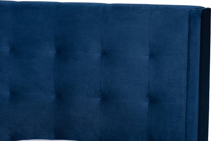 Wholesale Interiors Beds - Gothard Navy Blue Velvet Fabric Upholstered and Dark Brown Finished Wood Queen Size Platform Bed