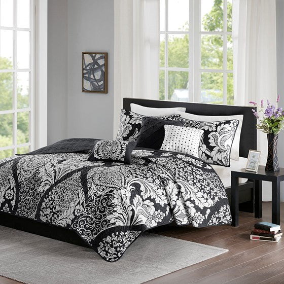 Olliix.com Coverlet - 6 Piece Printed Cotton Quilt Set with Throw Pillows Black Full/Queen