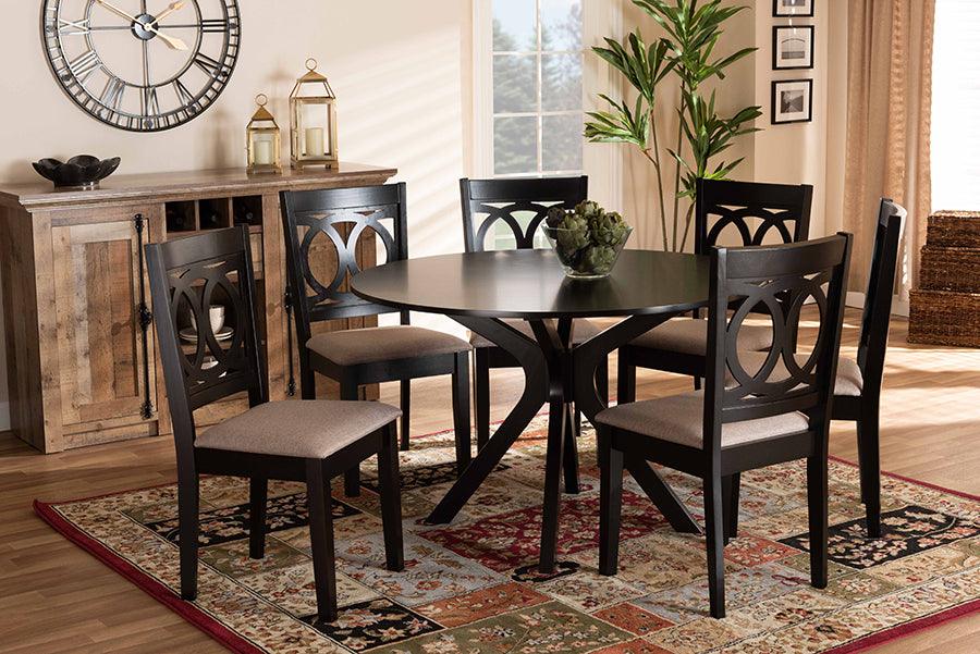 Wholesale Interiors Dining Sets - Sanne Sand Fabric Upholstered and Dark Brown Finished Wood 7-Piece Dining Set