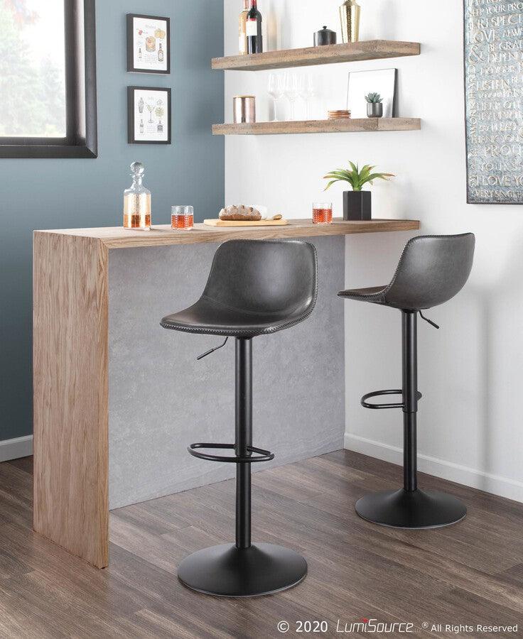 Lumisource Barstools - Duke Industrial Adjustable Barstool in Black Metal and Grey Faux Leather - Set of 2