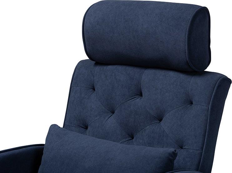 Wholesale Interiors Living Room Sets - Haldis Navy Blue velvet and Walnut Brown Finished Wood 2-Piece Recliner Chair and Ottoman Set