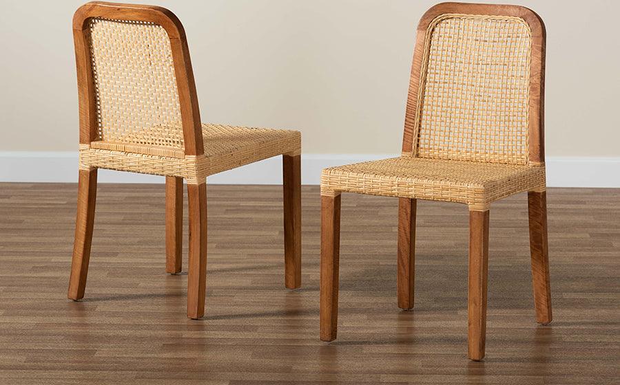 Wholesale Interiors Dining Chairs - Caspia Mid-Century Modern Walnut Brown Mahogany Wood and Natural Rattan 2-Piece Dining Chair Set