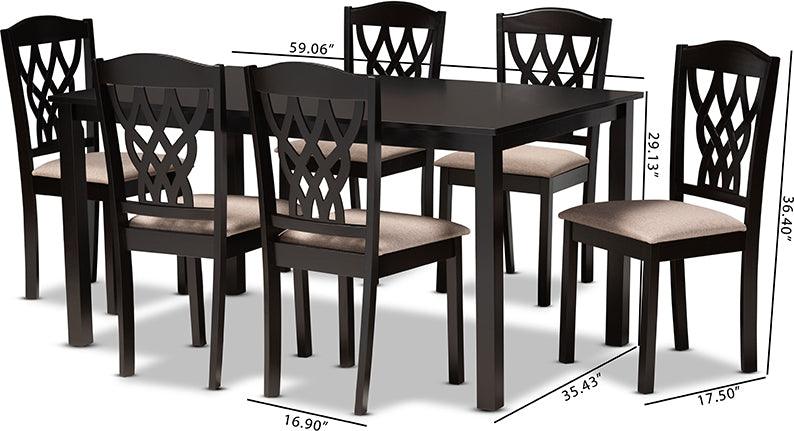 Wholesale Interiors Dining Sets - Salem Sand Fabric Upholstered and Dark Brown Finished Wood 7-Piece Dining Set