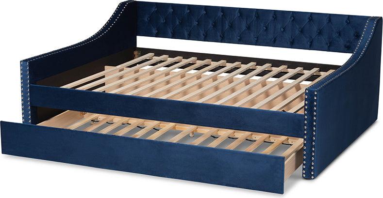 Wholesale Interiors Daybeds - Raphael Navy Blue Velvet Fabric Upholstered Full Size Daybed with Trundle