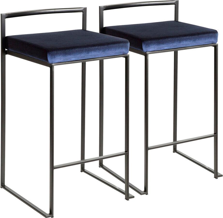 Lumisource Barstools - Fuji Contemporary Stackable Counter Stool in Black with Blue Velvet Cushion - Set of 2