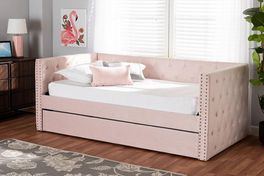 Wholesale Interiors Daybeds - Larkin Pink Velvet Fabric Upholstered Twin Size Daybed with Trundle