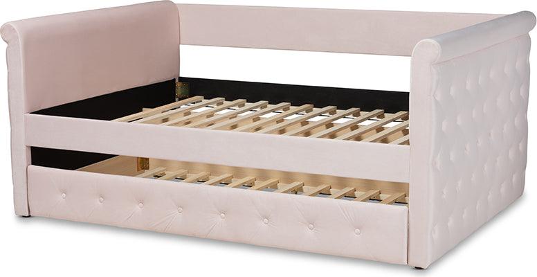 Wholesale Interiors Daybeds - Amaya Modern and Contemporary Light Pink Velvet Full Size Daybed with Trundle