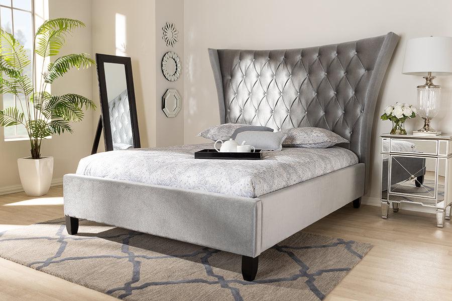 Wholesale Interiors Beds - Viola Grey Velvet Fabric Upholstered And Button Tufted King Size Platform Bed With Tall Headboard