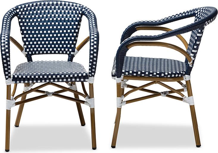 Wholesale Interiors Outdoor Dining Chairs - Eliane Classic French Indoor and Outdoor Navy and White Bamboo Style Stackable Bistro