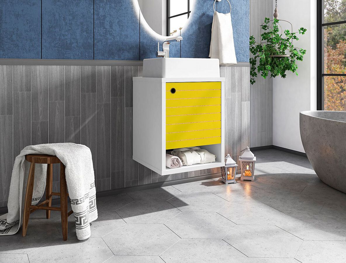 Manhattan Comfort Bathroom Vanity - Liberty Floating 17.71 Bathroom Vanity with Sink and Shelf in White and Yellow