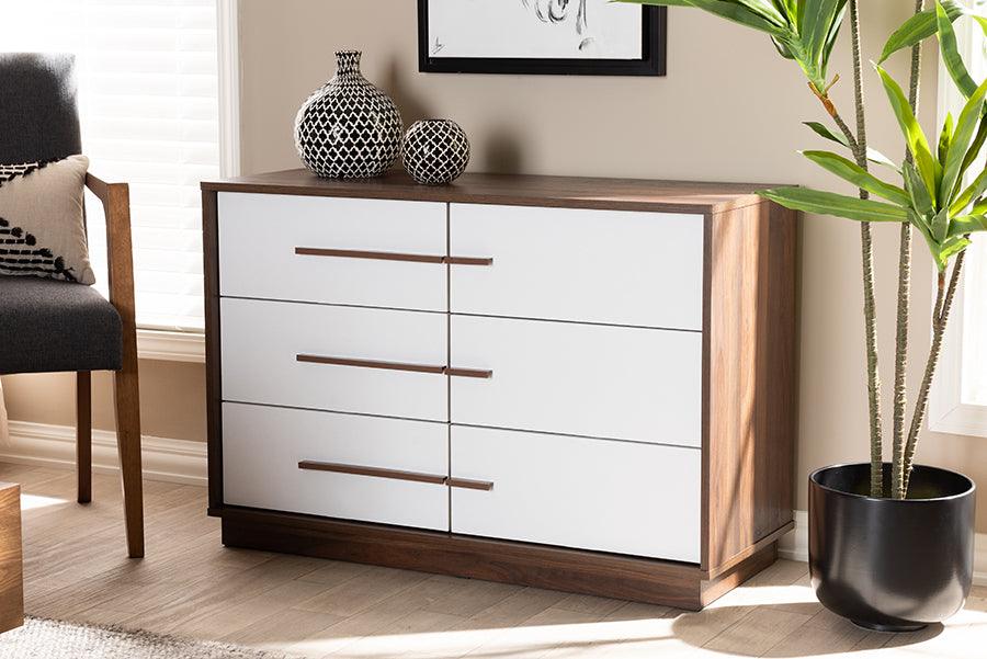 Wholesale Interiors Dressers - Mette Mid-Century Modern Two-Tone White and Walnut Finished 6-Drawer Wood Dresser