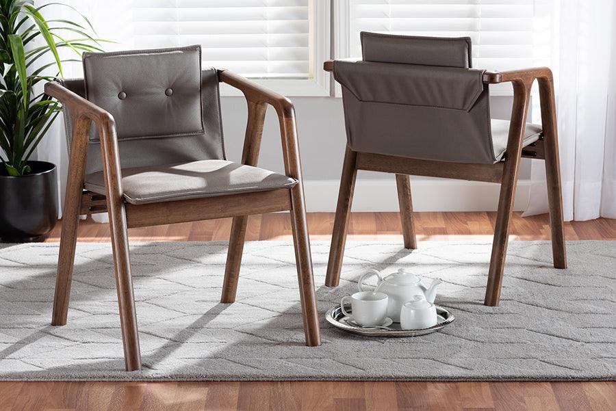 Wholesale Interiors Dining Chairs - Marcena Mid-Century Modern Grey Leather and Brown Wood 2-Piece Dining Chair Set