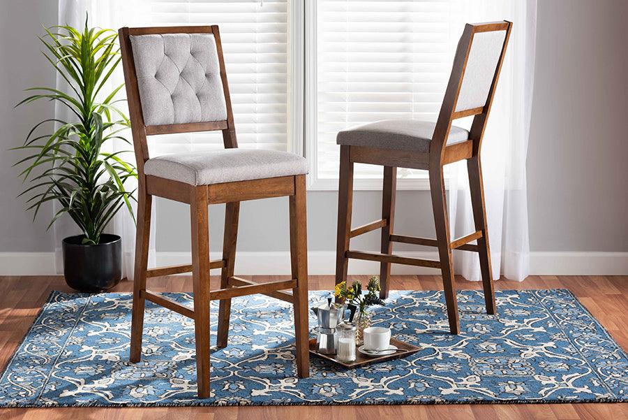 Wholesale Interiors Barstools - Gideon Contemporary Grey Fabric and Walnut Brown Wood 2-Piece Bar Stool Set