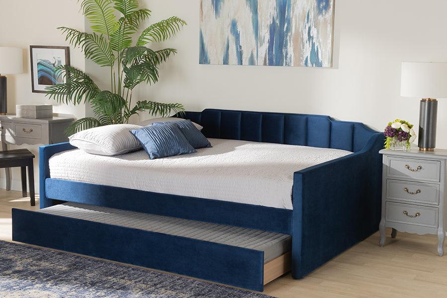 Wholesale Interiors Daybeds - Lennon Navy Blue Velvet Fabric Upholstered Queen Size Daybed with Trundle