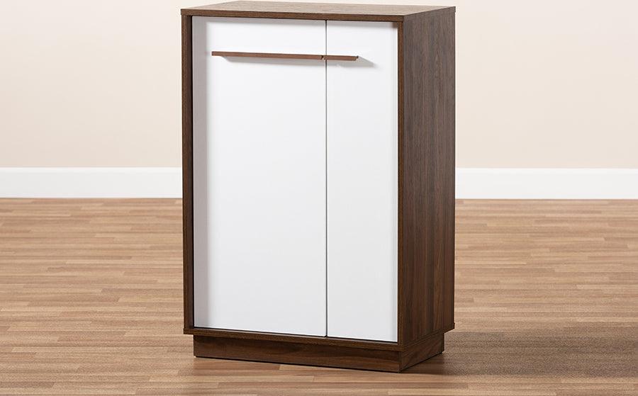 Wholesale Interiors Shoe Storage - Mette Mid-Century Modern White and Walnut 5-Shelf Wood Entryway Shoe Cabinet