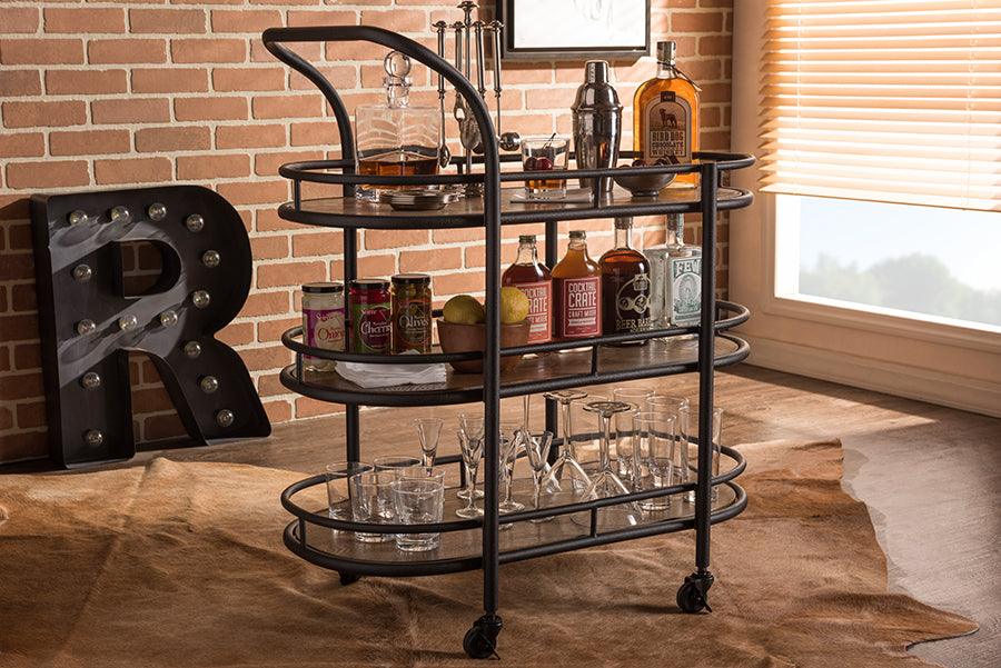Wholesale Interiors Bar Units & Wine Cabinets - Karlin Rustic Industrial Style Antique Black Textured Finish Metal Distressed Wood