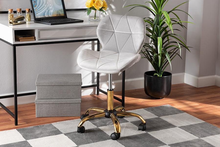 Wholesale Interiors Task Chairs - Savara Contemporary Glam and Luxe Grey Velvet Fabric and Gold Metal Swivel Office Chair