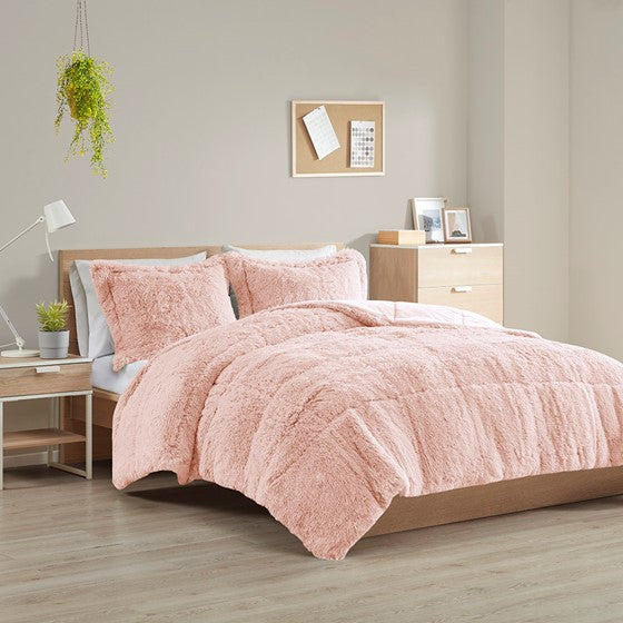 Olliix.com Comforters & Blankets - Shaggy Long Fur Comforter Mini Set Blush Twin XL