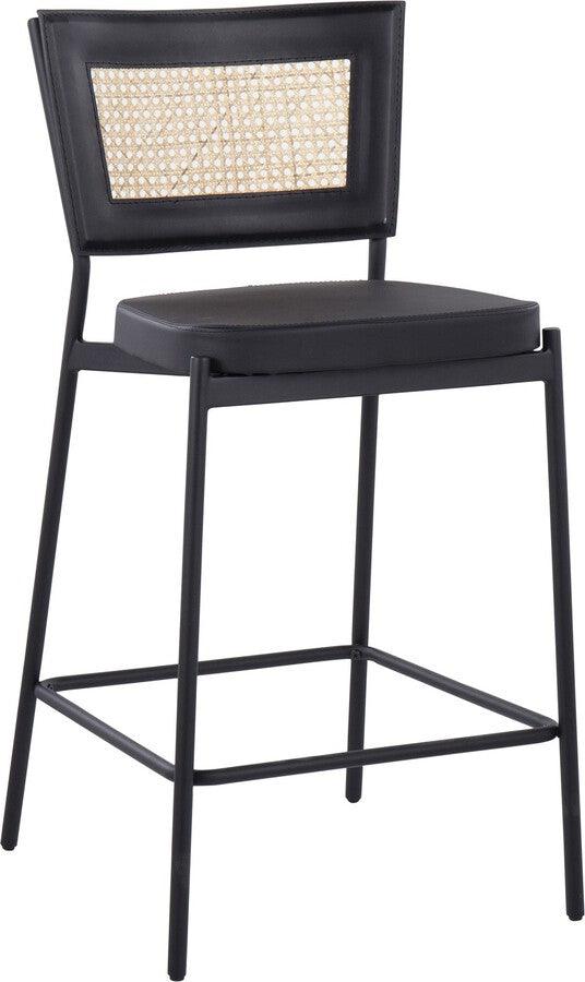 Lumisource Barstools - Rattan Tania Counter Stool In Black Metal, Black Faux Leather, & Rattan Back (Set of 2)