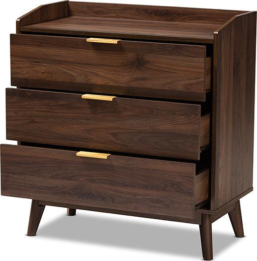 Wholesale Interiors Chest of Drawers - Lena Mid-Century Modern Walnut Brown Finished 3-Drawer Wood Chest