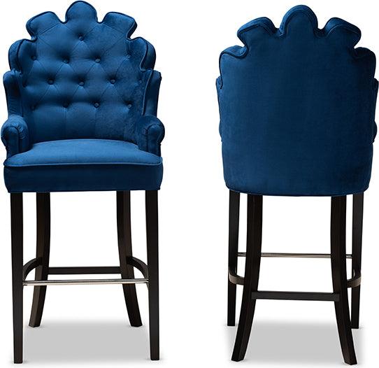 Wholesale Interiors Barstools - Chloe Navy Blue Velvet Upholstered and Dark Brown Finished Wood 2-Piece Bar Stool Set