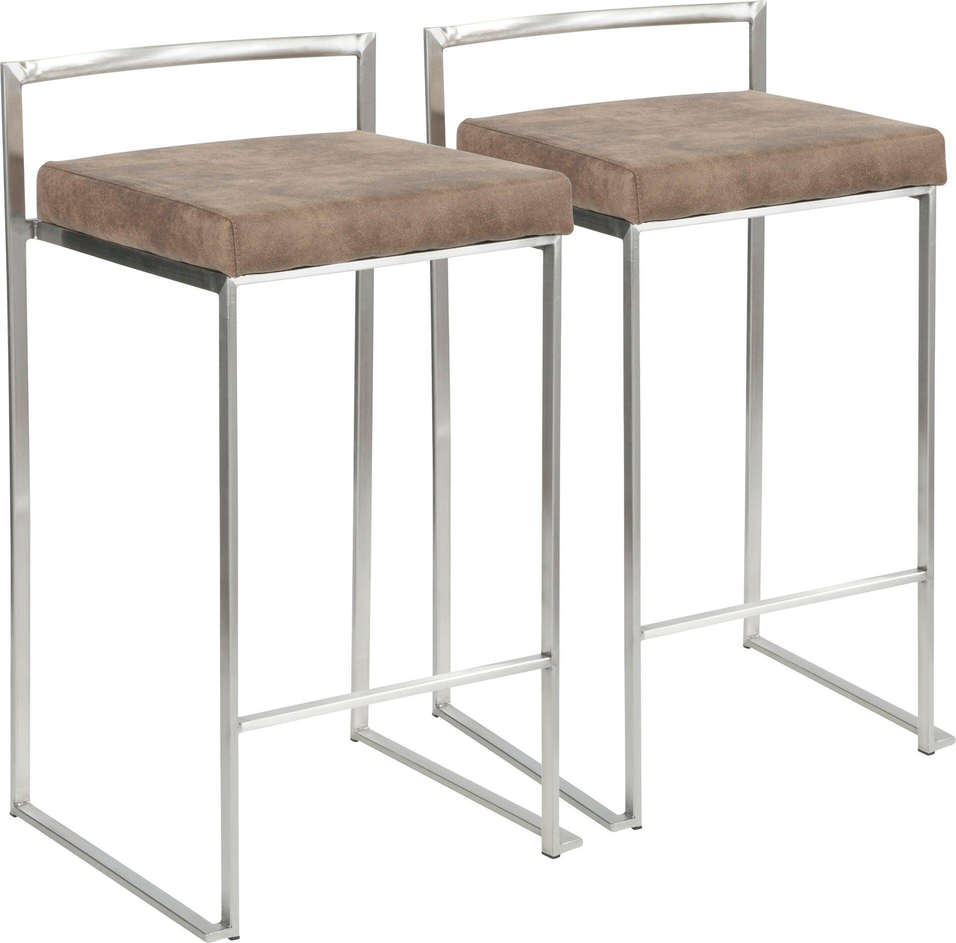 Lumisource Barstools - Fuji Stacker Counter Stool (Set of 2) Stainless Steel & Brown Cowboy