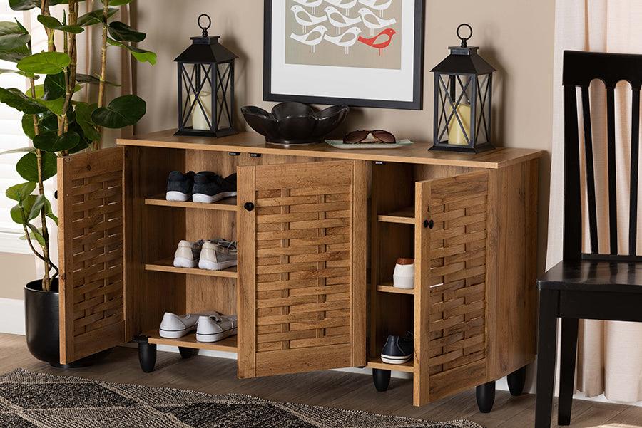 Wholesale Interiors Shoe Storage - Winda Modern and Contemporary Oak Brown Finished Wood 3-Door Shoe Cabinet