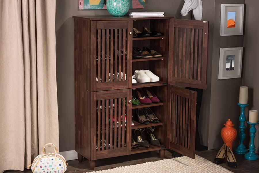 Wholesale Interiors Shoe Storage - Fernanda Modern and Contemporary 4-Door Oak Brown Wooden Entryway Shoes Storage Tall Cabinet