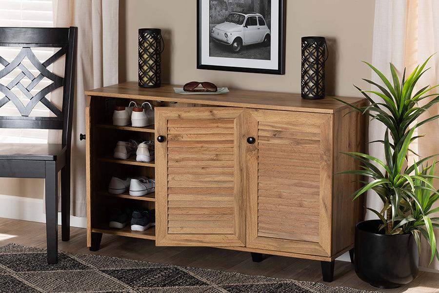 Wholesale Interiors Shoe Storage - Coolidge Oak Brown Finished Wood 3-Door Shoe Storage Cabinet