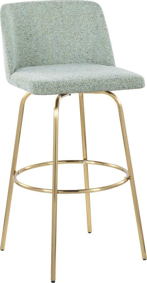 Lumisource Barstools - Toriano 30" Fixed Height Barstool With Swivel In Light Green Fabric & Gold Metal (Set of 2)