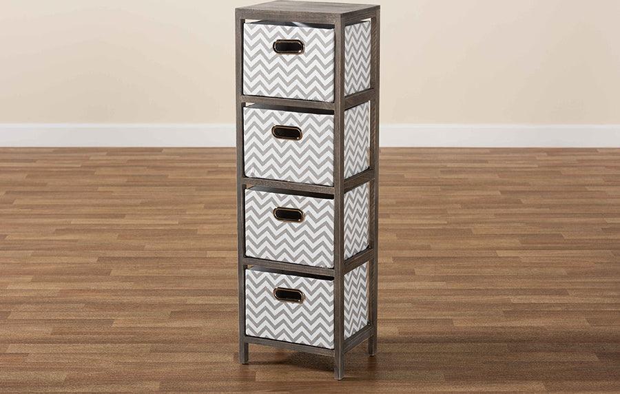 Wholesale Interiors Bedroom Organization - Jorah Modern Grey and White Fabric Greywashed Wood 4-Basket Tallboy Storage Unit