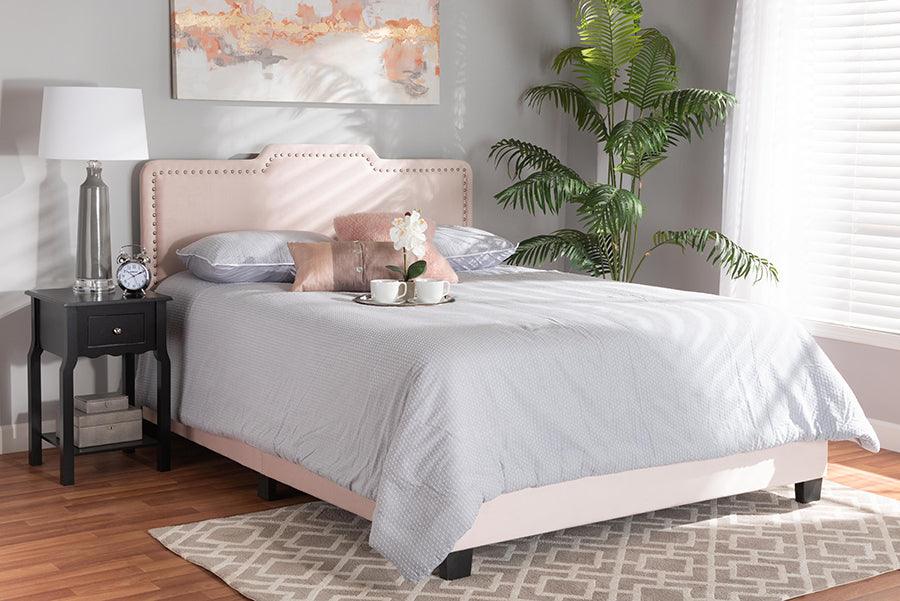 Wholesale Interiors Beds - Benjen Modern and Contemporary Glam Light Pink Velvet Fabric Upholstered Queen Size Panel Bed