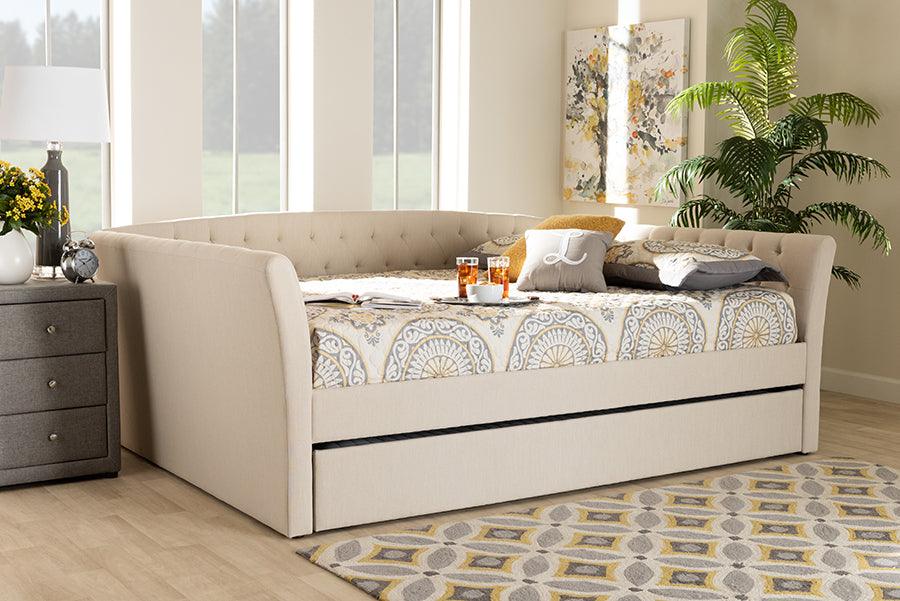 Wholesale Interiors Beds - Delora Contemporary Beige Fabric Full Size Daybed with Roll-Out Trundle Bed