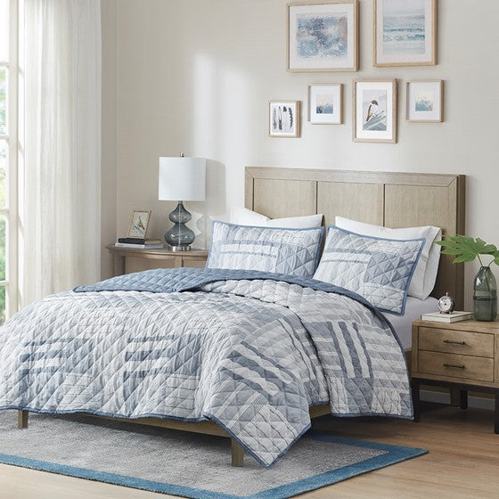 Olliix.com Coverlet - 3 Piece Jacquard Patchwork Quilt Set Blue Full/Queen