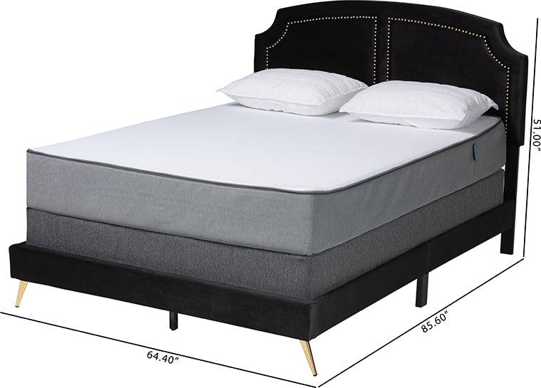 Wholesale Interiors Beds - Oxley Traditional Glam and Luxe Black Velvet and Gold Metal Queen Size Panel Bed