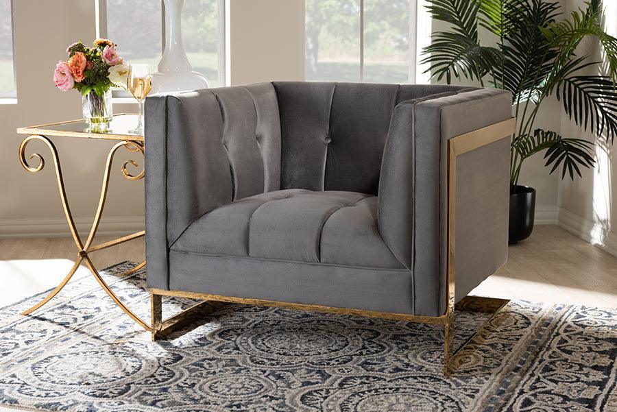 Wholesale Interiors Accent Chairs - Ambra Glam and Luxe Grey Velvet and Button Tufted Armchair with Gold-Tone Frame