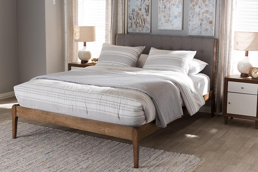 Wholesale Interiors Beds - Clifford Mid-Century Light Grey Fabric and Medium Brown Finish Wood Full Size Platform Bed
