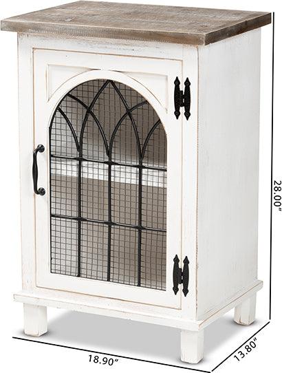 Wholesale Interiors Side & End Tables - Faron Farmhouse Two-Tone Distressed White and Oak Brown Finished Wood 1-Door End Table