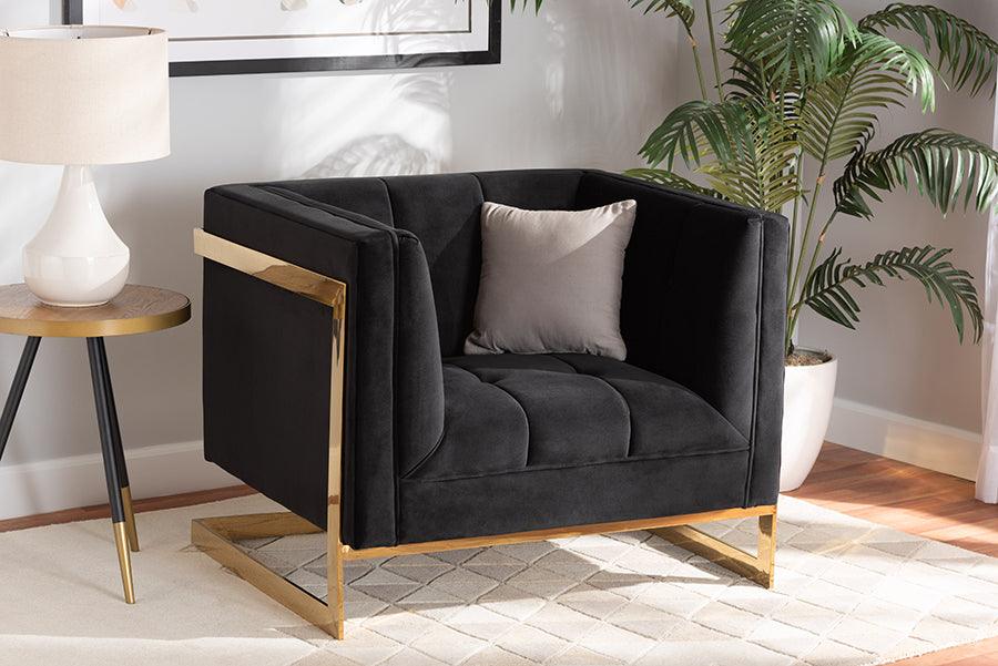 Wholesale Interiors Accent Chairs - Ambra Black Velvet Fabric Upholstered and Button Tufted Armchair with Gold-Tone Frame