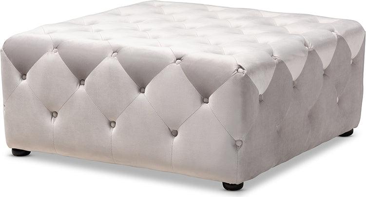 Wholesale Interiors Ottomans & Stools - Calvetti Slate Gray Velvet Fabric Upholstered Button-Tufted Cocktail Ottoman