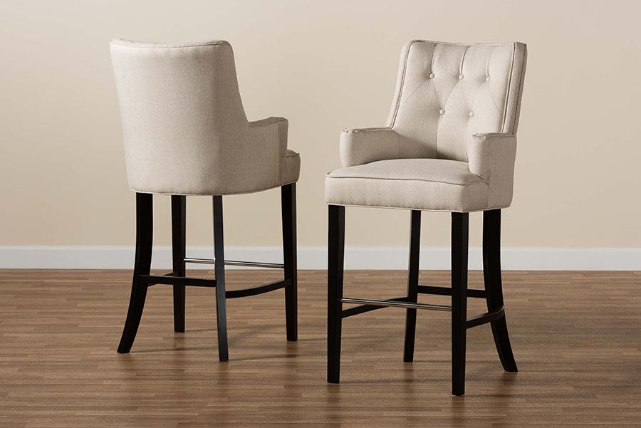 Wholesale Interiors Barstools - Aldon Light Beige Fabric Upholstered and Dark Brown Finished Wood 2-Piece Bar Stool Set