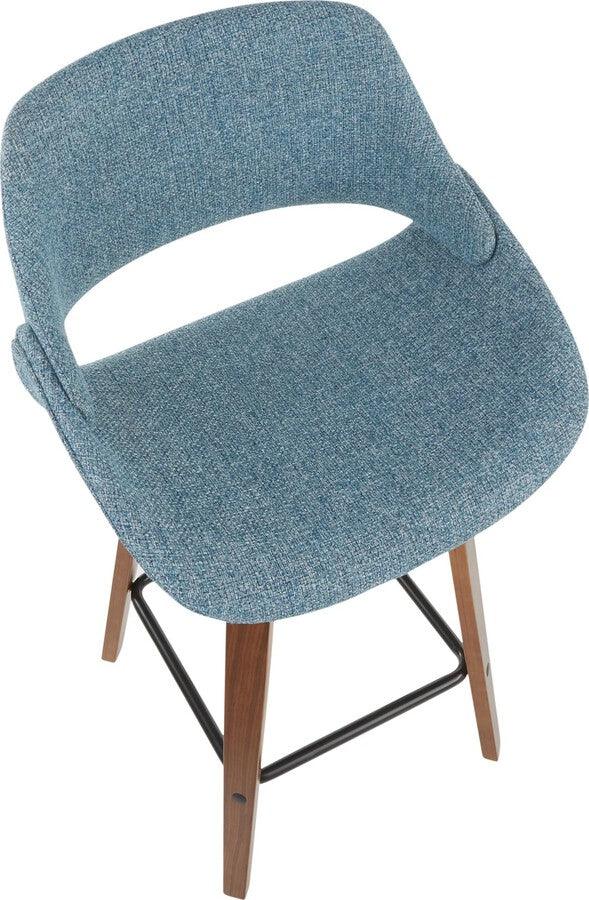 Lumisource Barstools - Fabrico Mid-Century Modern Counter Stool in Walnut - Blue Noise Fabric - Set of 2