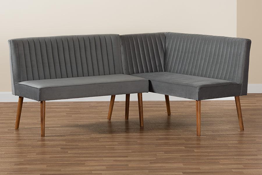 Wholesale Interiors Benches - Alvis Grey Velvet Upholstered and Walnut Brown Finished Wood 2-Piece Dining Nook Banquette Set